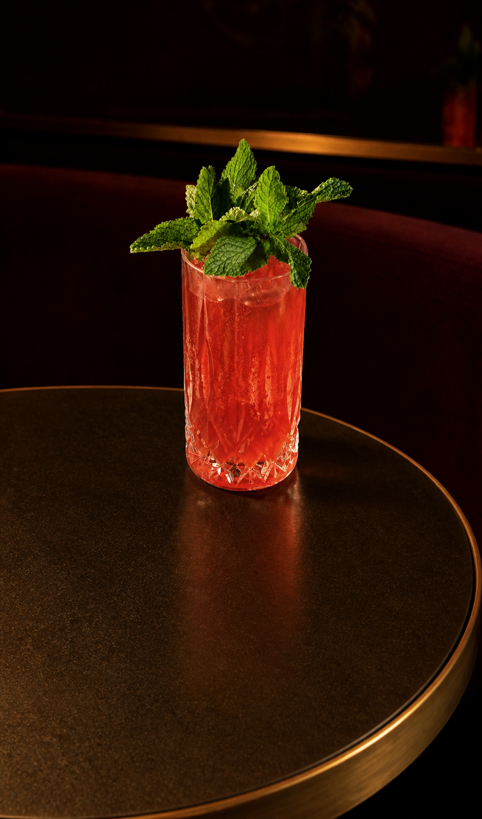Tall red cocktail crowned with fresh mint