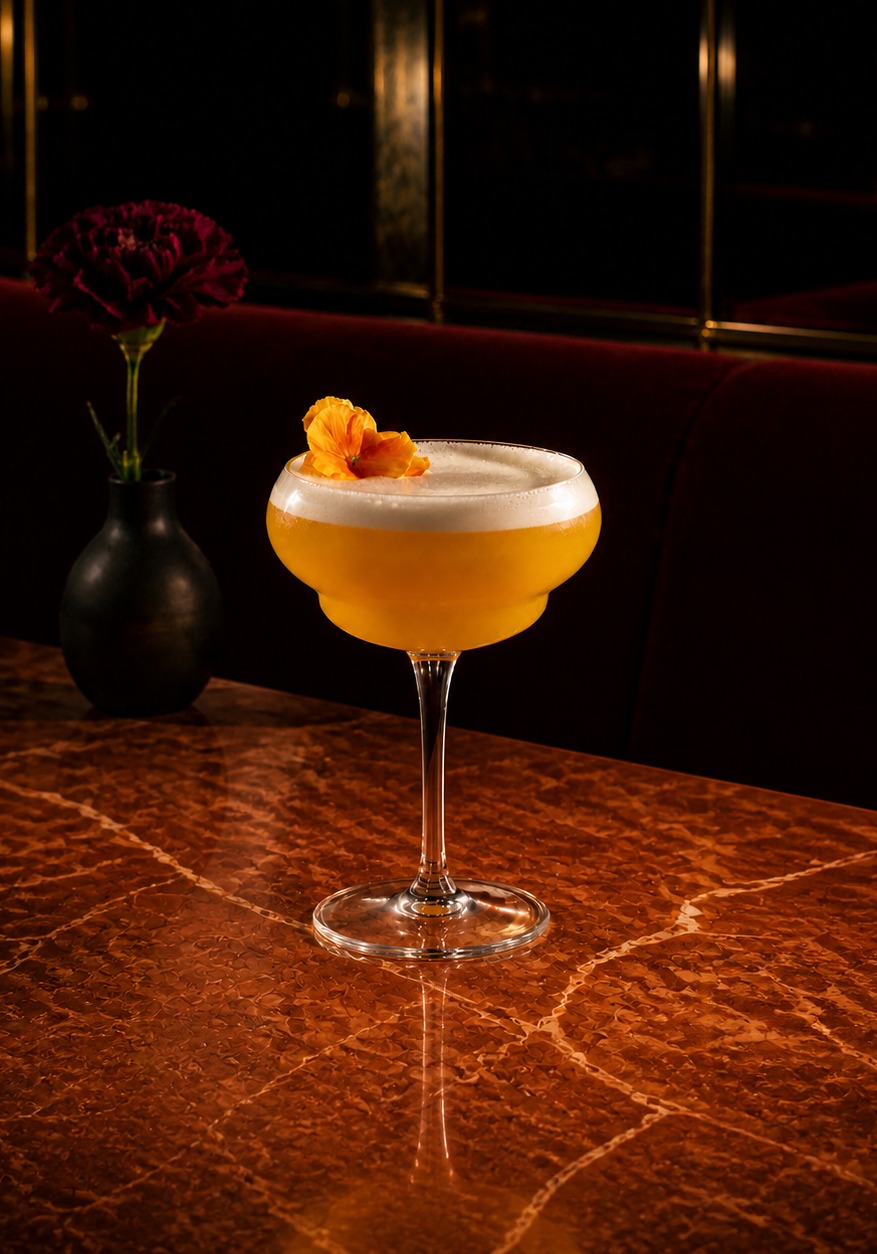 Golden foamed cocktail in a coupe with an orange blossom