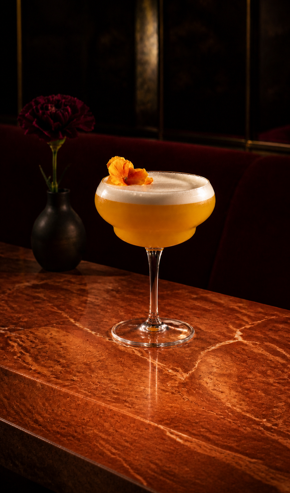 Golden foamed cocktail in a coupe with an orange blossom