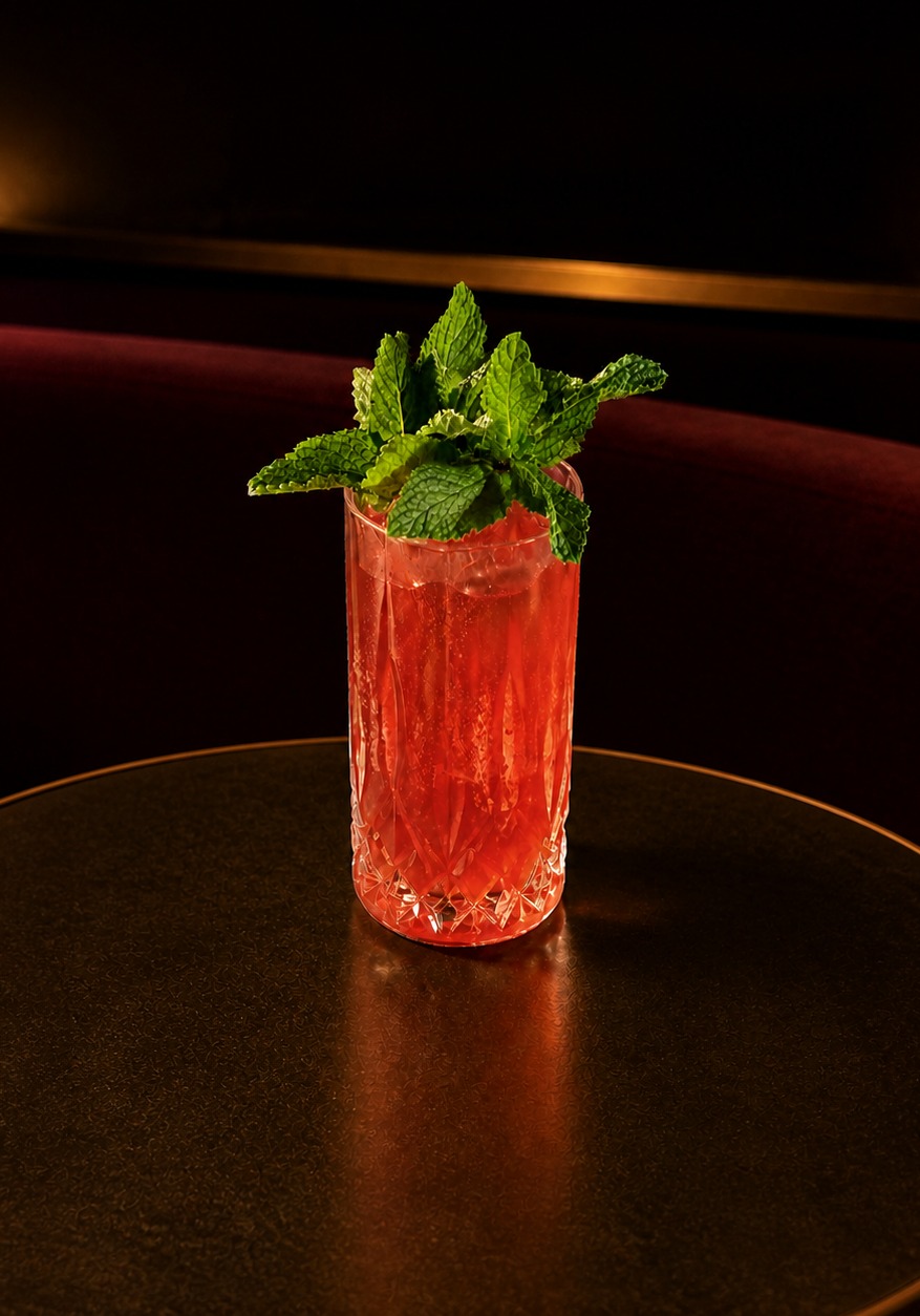 Tall red cocktail crowned with fresh mint